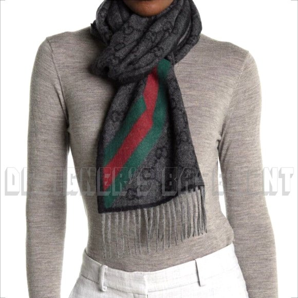 GUCCI charcoal & black GG green & red WEB detail NIKKY Angora blend fringe scarf - Picture 3 of 11